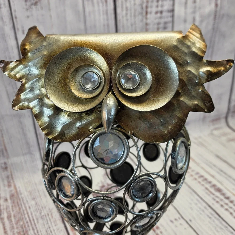 Pier One Imports Owl Figurine Home Decor Gold Silver Jeweled Excellent Metal